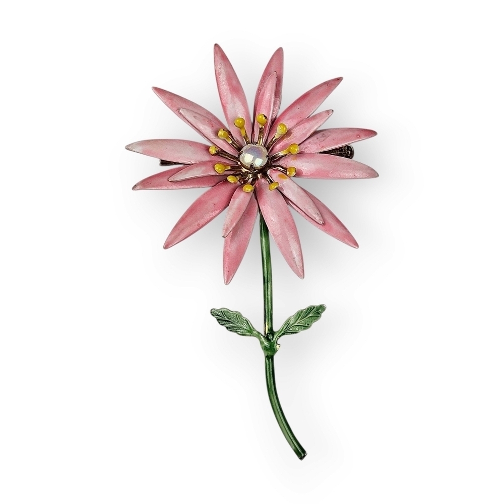 Vintage Pink Enamel Flower Brooch Original By Robert Fashioncraft Colorful 3.75"
